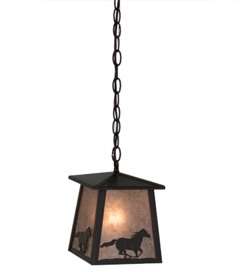 Meyda Lighting Running Horses 10" Timeless Bronze Pendant Light With Silver Mica Shade Glass