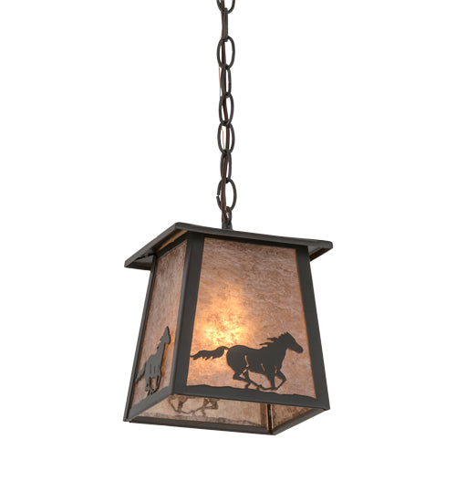 Meyda Lighting Running Horses 10" Timeless Bronze Pendant Light With Silver Mica Shade Glass