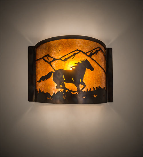Meyda Lighting Running Horses 12" Dark Burnished Antique Copper Wall Sconce With Amber Mica Shade Glass