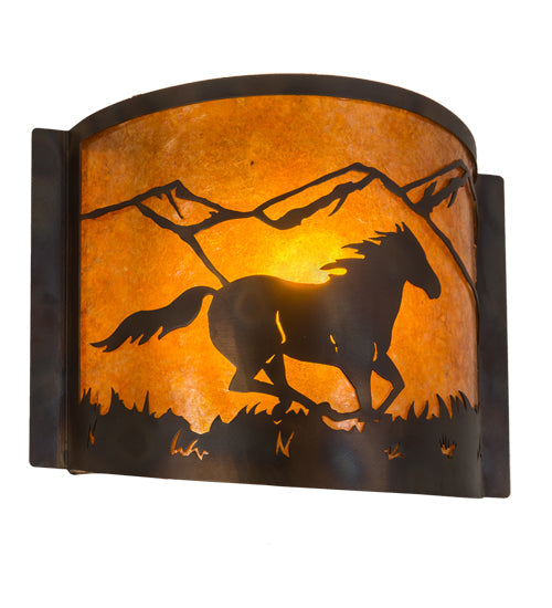 Meyda Lighting Running Horses 12" Dark Burnished Antique Copper Wall Sconce With Amber Mica Shade Glass