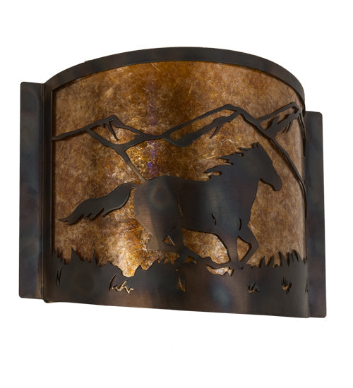 Meyda Lighting Running Horses 12" Dark Burnished Antique Copper Wall Sconce With Amber Mica Shade Glass