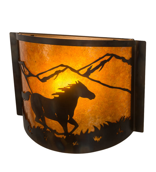 Meyda Lighting Running Horses 12" Dark Burnished Antique Copper Wall Sconce With Amber Mica Shade Glass