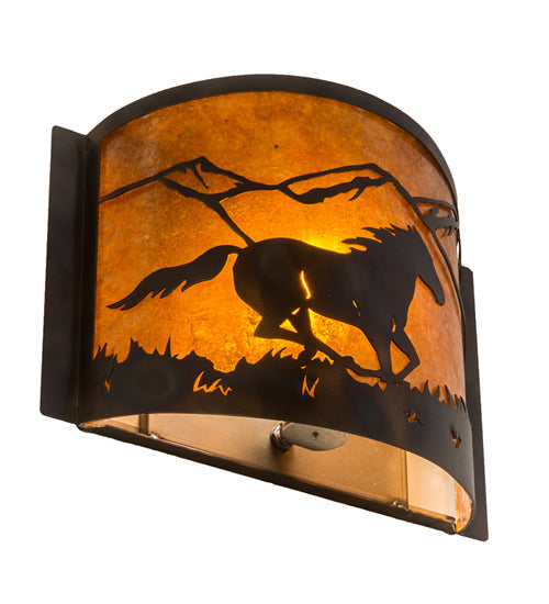 Meyda Lighting Running Horses 12" Dark Burnished Antique Copper Wall Sconce With Amber Mica Shade Glass