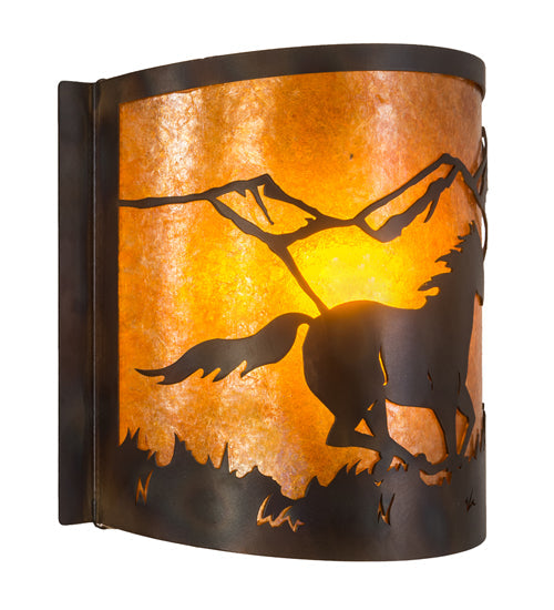 Meyda Lighting Running Horses 12" Dark Burnished Antique Copper Wall Sconce With Amber Mica Shade Glass