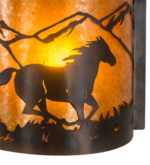 Meyda Lighting Running Horses 12" Dark Burnished Antique Copper Wall Sconce With Amber Mica Shade Glass