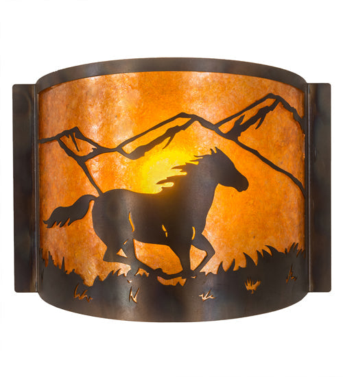Meyda Lighting Running Horses 12" Dark Burnished Antique Copper Wall Sconce With Amber Mica Shade Glass