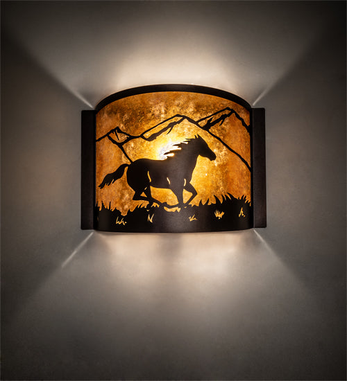 Meyda Lighting Running Horses 12" Mahogany Bronze Wall Sconce With Amber Mica Shade Glass
