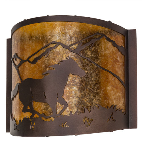 Meyda Lighting Running Horses 12" Mahogany Bronze Wall Sconce With Amber Mica Shade Glass