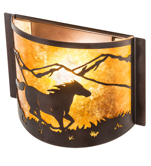 Meyda Lighting Running Horses 12" Mahogany Bronze Wall Sconce With Amber Mica Shade Glass