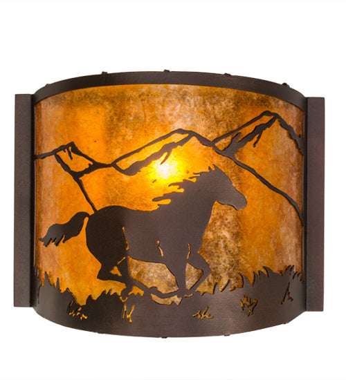 Meyda Lighting Running Horses 12" Mahogany Bronze Wall Sconce With Amber Mica Shade Glass