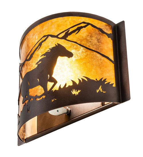 Meyda Lighting Running Horses 12" Mahogany Bronze Wall Sconce With Amber Mica Shade Glass