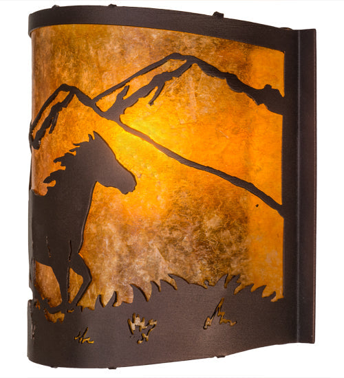 Meyda Lighting Running Horses 12" Mahogany Bronze Wall Sconce With Amber Mica Shade Glass