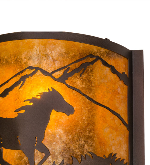 Meyda Lighting Running Horses 12" Mahogany Bronze Wall Sconce With Amber Mica Shade Glass