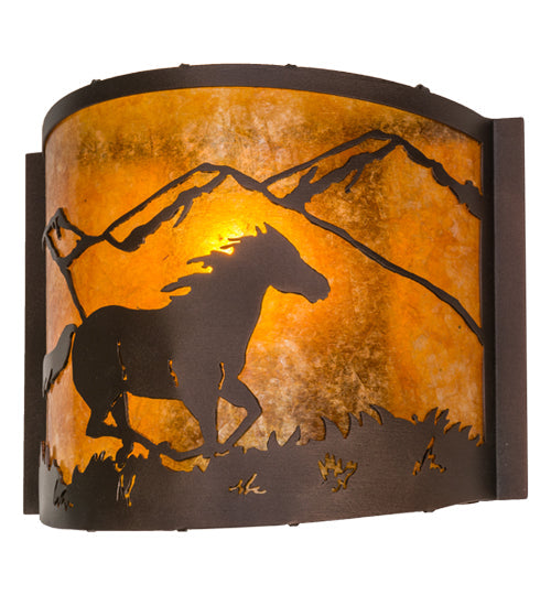 Meyda Lighting Running Horses 12" Mahogany Bronze Wall Sconce With Amber Mica Shade Glass