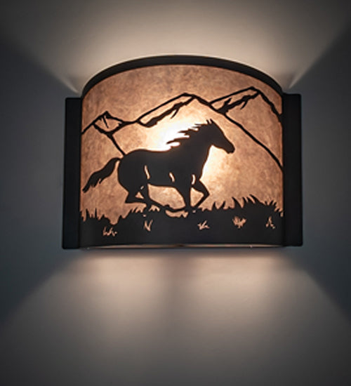 Meyda Lighting Running Horses 12" Wrought Iron Wall Sconce With Silver Mica Shade Glass