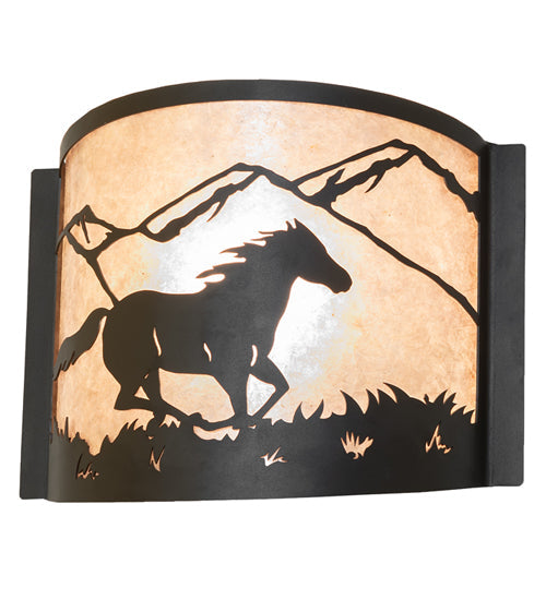 Meyda Lighting Running Horses 12" Wrought Iron Wall Sconce With Silver Mica Shade Glass