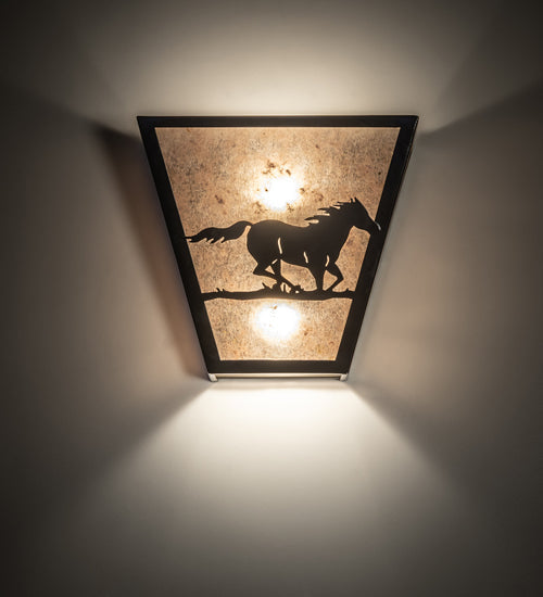 Meyda Lighting Running Horses 13" 2-Light Timeless Bronze Wall Sconce With Silver Mica Shade Glass