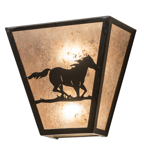 Meyda Lighting Running Horses 13" 2-Light Timeless Bronze Wall Sconce With Silver Mica Shade Glass