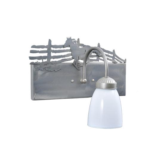 Meyda Lighting Running Horses 13" Silver Wall Sconce With White Shade Glass and Left Horse Design