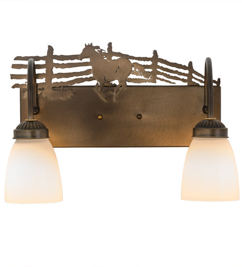 Meyda Lighting Running Horses 16" 2-Light Antique Copper Vanity Light With White Art Shade Glass