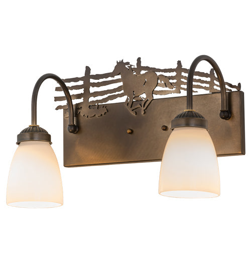 Meyda Lighting Running Horses 16" 2-Light Antique Copper Vanity Light With White Art Shade Glass