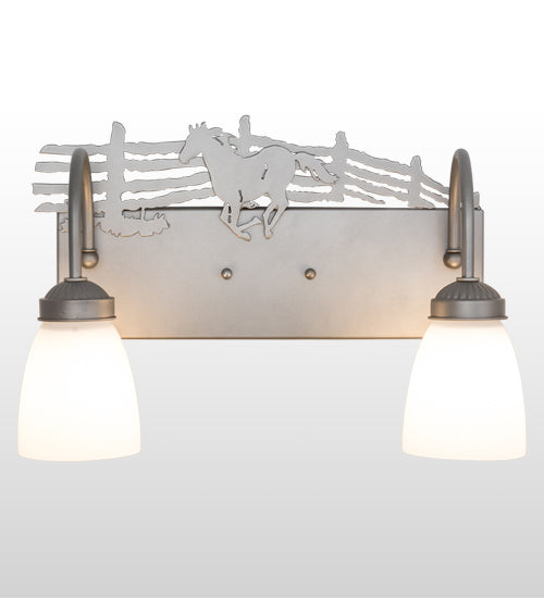 Meyda Lighting Running Horses 16" 2-Light Industrial Silver Steel Vanity Light With White Opal Shade Glass