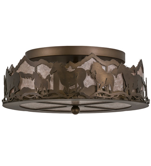 Meyda Lighting Running Horses 16" 3-Light Antique Copper Flush Mount Light With Silver Mica Shade Glass