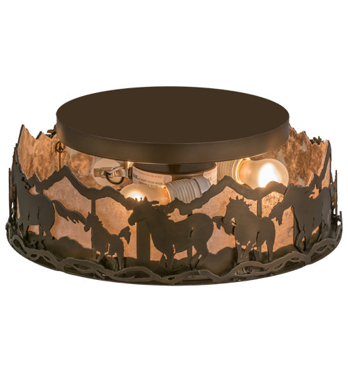 Meyda Lighting Running Horses 16" 3-Light Antique Copper Flush Mount Light With Silver Mica Shade Glass