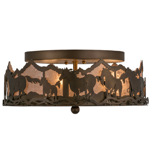 Meyda Lighting Running Horses 16" 3-Light Antique Copper Flush Mount Light With Silver Mica Shade Glass