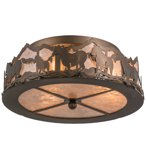 Meyda Lighting Running Horses 16" 3-Light Antique Copper Flush Mount Light With Silver Mica Shade Glass