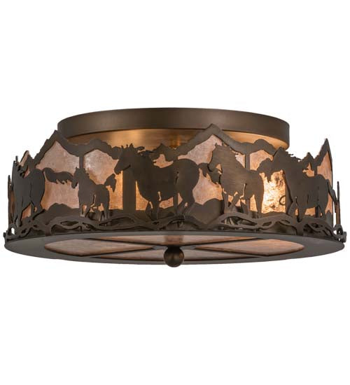 Meyda Lighting Running Horses 16" 3-Light Antique Copper Flush Mount Light With Silver Mica Shade Glass