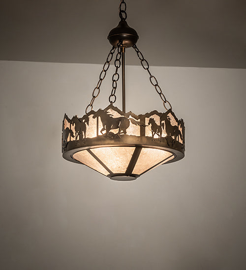 Meyda Lighting Running Horses 16" 3-Light Antique Copper Inverted Pendant Light With Silver Mica Shade Glass