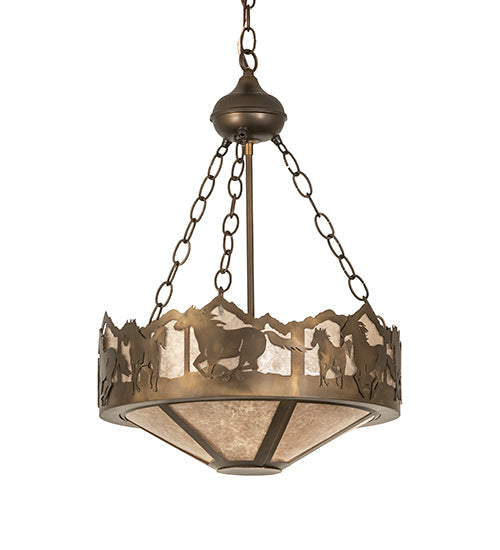 Meyda Lighting Running Horses 16" 3-Light Antique Copper Inverted Pendant Light With Silver Mica Shade Glass