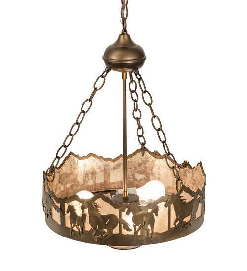 Meyda Lighting Running Horses 16" 3-Light Antique Copper Inverted Pendant Light With Silver Mica Shade Glass