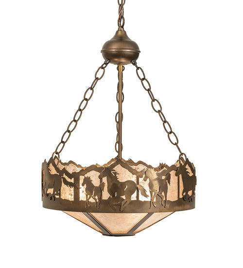 Meyda Lighting Running Horses 16" 3-Light Antique Copper Inverted Pendant Light With Silver Mica Shade Glass