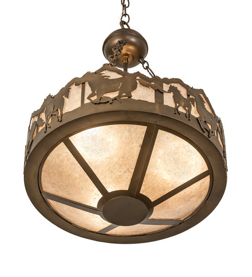 Meyda Lighting Running Horses 16" 3-Light Antique Copper Inverted Pendant Light With Silver Mica Shade Glass