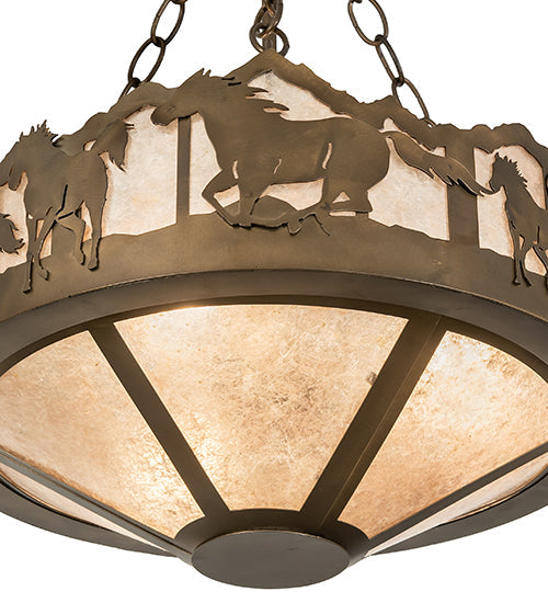 Meyda Lighting Running Horses 16" 3-Light Antique Copper Inverted Pendant Light With Silver Mica Shade Glass