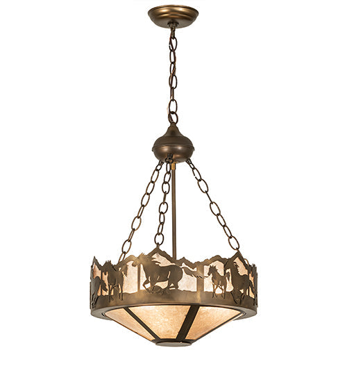 Meyda Lighting Running Horses 16" 3-Light Antique Copper Inverted Pendant Light With Silver Mica Shade Glass