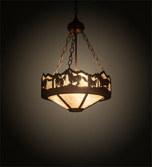 Meyda Lighting Running Horses 16" 3-Light Rust Inverted Pendant Light With Silver Mica Shade Glass