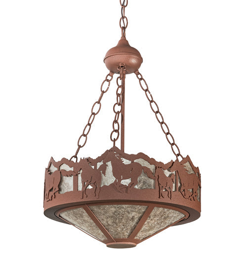Meyda Lighting Running Horses 16" 3-Light Rust Inverted Pendant Light With Silver Mica Shade Glass