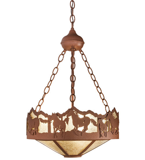 Meyda Lighting Running Horses 16" 3-Light Rust Inverted Pendant Light With Silver Mica Shade Glass