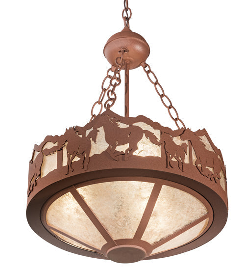 Meyda Lighting Running Horses 16" 3-Light Rust Inverted Pendant Light With Silver Mica Shade Glass