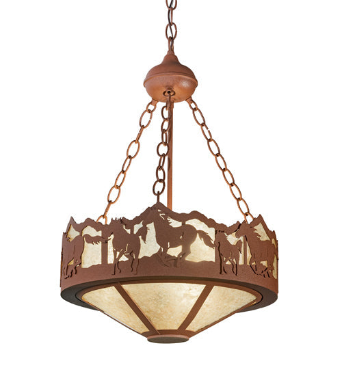 Meyda Lighting Running Horses 16" 3-Light Rust Inverted Pendant Light With Silver Mica Shade Glass