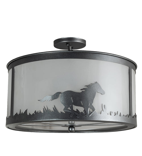 Meyda Lighting Running Horses 19" 2-Light Blackened Pewter Semi-flush Mount Light With Contrail Mist Idalight Shade