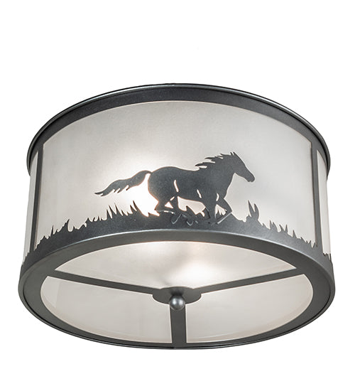 Meyda Lighting Running Horses 19" 2-Light Blackened Pewter Semi-flush Mount Light With Contrail Mist Idalight Shade