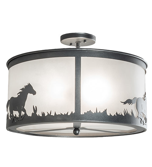 Meyda Lighting Running Horses 19" 2-Light Blackened Pewter Semi-flush Mount Light With Contrail Mist Idalight Shade