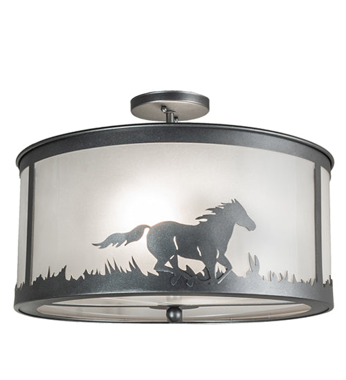 Meyda Lighting Running Horses 19" 2-Light Blackened Pewter Semi-flush Mount Light With Contrail Mist Idalight Shade