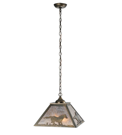 Meyda Lighting Running Horses 22" 2-Light Antique Copper Pendant Light With Silver Mica Shade Glass