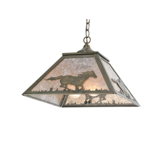 Meyda Lighting Running Horses 22" 2-Light Antique Copper Pendant Light With Silver Mica Shade Glass