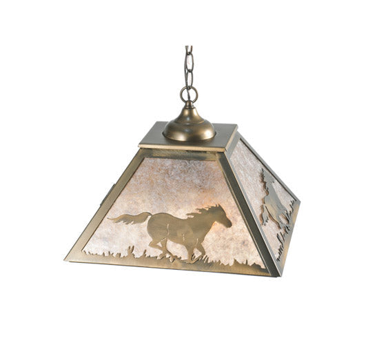 Meyda Lighting Running Horses 22" 2-Light Antique Copper Pendant Light With Silver Mica Shade Glass